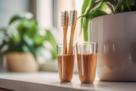 Ecological bamboo toothbrushes in bathroom. Two natural eco friendly wooden toothbrushes in a cup on blurred window background. AI-Generated imageの素材