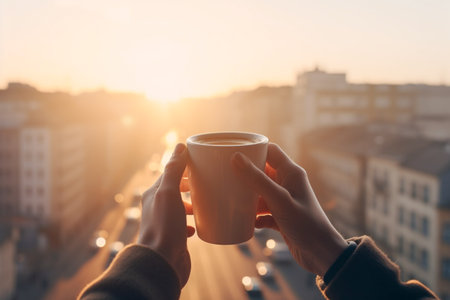 Man holding a cup of hot coffee or tea in his hands with view a blurred cityscape. Man on rooftop or balcony with hot drink in morning sunlight. AI-Generated imageの素材