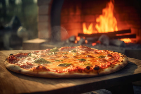 Delicious wood fired pizza served on wooden board and table. Hot fresh pizza pulled out of the oven after roasting over a fire. AI-Generated imageの素材