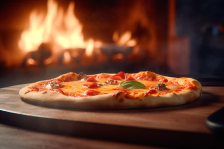 Delicious wood fired pizza served on wooden board and table. Hot fresh pizza pulled out of the oven after roasting over a fire. AI-Generated imageの素材