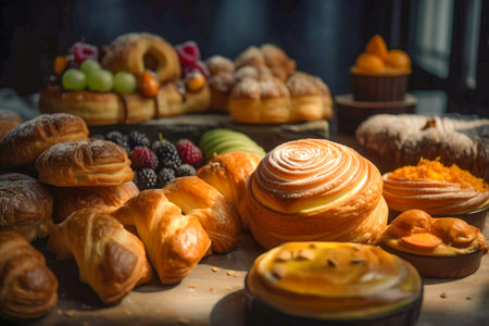 Freshly baked sweet buns puff pastry on old wooden background. Assortment of delicious freshly baked sweet and puff pastry. AI-Generated imageの素材