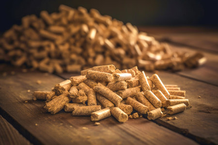 Heap of compressed wood pellets on a wooden floor or table. Ecological heating, biofuel from wooden pellets in a wooden house. Ai-Generated imageの素材