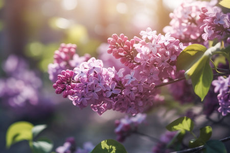 Flowering branch of violet lilac in a green garden. Beautiful spring blooming lilac flowers, botanical garden on a sunny day background. AI-Generated imageの素材