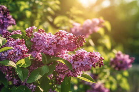 Flowering branch of violet lilac in a green garden. Beautiful spring blooming lilac flowers, botanical garden on a sunny day background. AI-Generated imageの素材