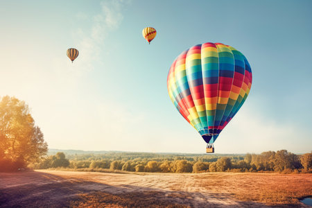 Colorful hot air balloons fly over green hills and tree-covered fields. Colorful hot air balloons on the blue sky with clouds are flying over the forest. AI-Generated imageの素材