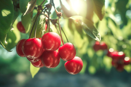 Delicious red cherries hanging on a cherry tree branch. Ripe cherries on tree in cherry orchard and blurred background. AI-Generated imageの素材