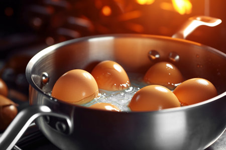 Close-up of eggs boiled in a pot of water on the stove. Cooking chicken eggs in pot. AI-Generated imageの素材