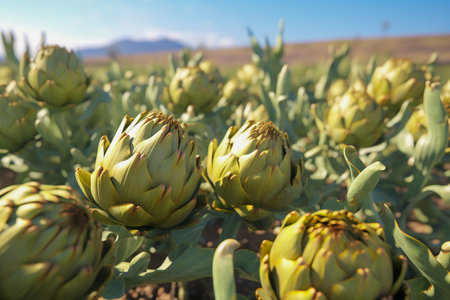 Close-up of artichoke in a field with a clear sunny sky and hills in the background. Artichoke plantation with ripe flower heads growing on organic farm. AI-Generated imageの素材