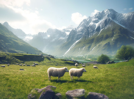 Flock of sheep grazing on green pasture in mountains. Landscape of sheep herd eating grass during bright summer day with high mountains in background. AI-Generated imageの素材