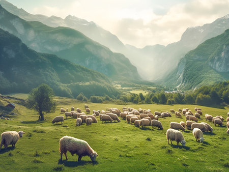 Flock of sheep grazing on green pasture in mountains. Landscape of sheep herd eating grass during bright summer day with high mountains in background. AI-Generated imageの素材