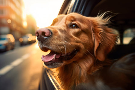 Cute smiling dog is ready to travel and looks out of the open car window. Happy dog sticking his head out of the car window, traveling with pets. AI-Generated imageの素材