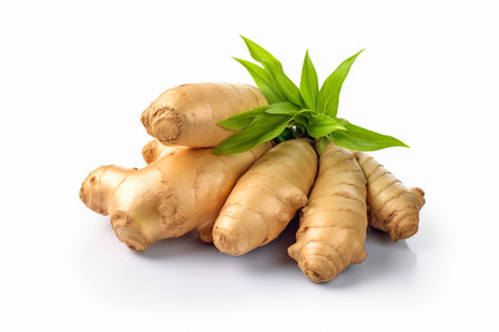 Close up, ginger root with green leaves isolated on white background. Fresh ginger rhizome with leaf on white background. AI-Generated imageの素材