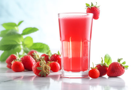 Glass with red fresh strawberry juice isolated on white background. Healthy refreshing summer strawberry fruit juice drink. AI-Generated imageの素材