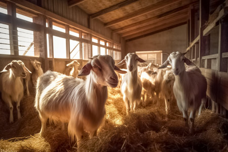 Goat farm, goats eat hay in the stall, illustration. AI generated images. Animal, pets, cattle breeding, animal husbandry, agriculture and farming, imageの素材