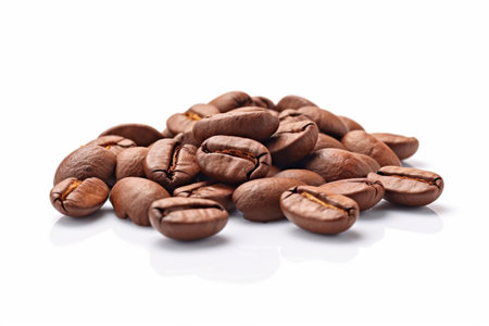 Heap of fresh roasted coffee beans isolated on white background. Roasted brown coffee beans or seed on white background. AI-Generated imageの素材