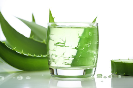 Pure green aloe vera and glass with gel. Aloe vera plant isolated on white background and drops of juice or gel. AI-Generated imageの素材