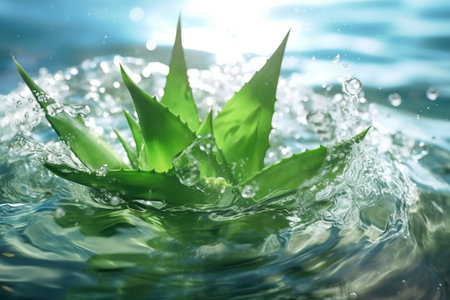 Fresh aloe vera leaves splash into the water. Pure splashes of green aloe vera gel. AI-Generated imageの素材