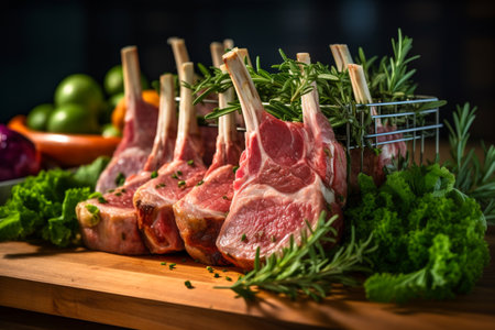 Raw fresh meat steaks on the bone with variety of green herbs and spices. Prime raw racks of lamb, raw lamb meat or fresh tomahawk steak.  AI-Generated imageの素材