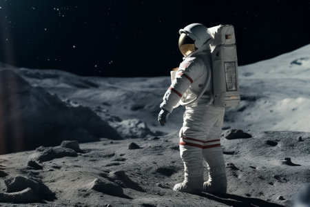 Astronaut in a space suit in space walks on the alien planet, illustration. AI generated images. Exploration of the planet, outer space, science, astronomy and universe, imageの素材