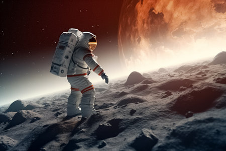Astronaut in a space suit in space walks on the alien planet, illustration. AI generated images. Exploration of the planet, outer space, science, astronomy and universe, imageの素材