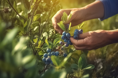 Close up, picking blueberry or bilberry, sunny weather, illustration. AI generated image. Whortleberry, huckleberry, hurtleberry, blaeberry, plant, fruit and foodの素材