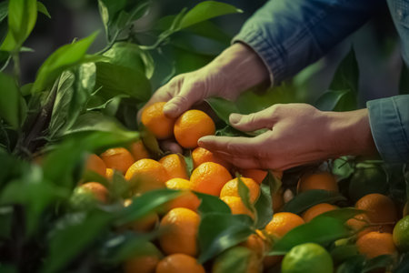 Close up, picking citrus, citrus fruit, oranges and mandarin, sunny weather, illustration. AI generated image. Tangerine, mandarine, garden, plant, fruit, food and meal, imageの素材