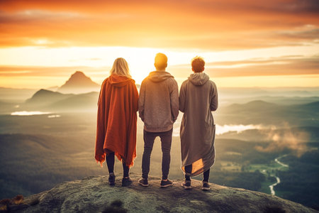Group of friends hug each other and look into the distance at the valley and the orange sunset. Friends watching the sunset standing on a hill. AI-Generated imageの素材