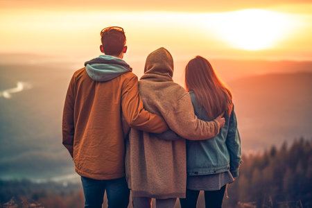 Group of friends hug each other and look into the distance at the valley and the orange sunset. Friends watching the sunset standing on a hill. AI-Generated imageの素材