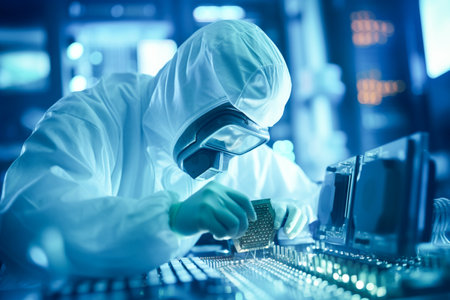 Scientist in coveralls working on a processor chip in a laboratory. Expert technician working on computer mainboard. AI-Generated imageの素材