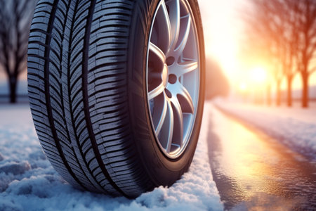 Aluminium alloy or steel auto wheel on the road with a winter landscape. Close-up of a car wheel with a rubber tire for winter weather. AI-Generated imageの素材