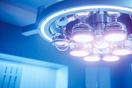 Surgical lamp for a surgical operation in a modern operating room. Close-up of surgical lights or medical lamps. AI-Generated imageの素材
