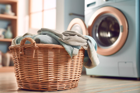 Wicker basket with washed clothes is on the floor. Housework in the bathroom using a washing machine. AI-Generated imageの素材