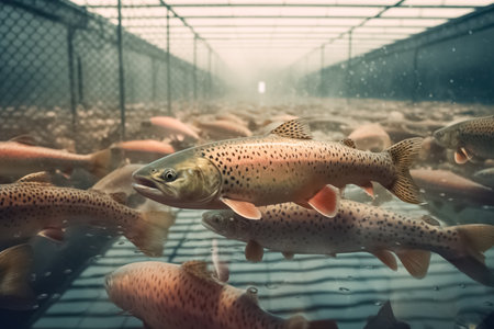 Trout in the pool at the fish farm, illustration. AI generated image. Fish, fishing, animal, aquaculture, pisciculture and mariculture, imageの素材