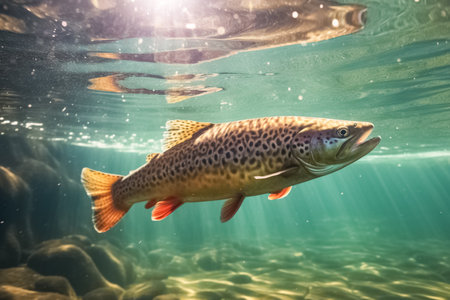 Trout in the pool at the fish farm, illustration. AI generated image. Fish, fishing, animal, aquaculture, pisciculture and mariculture, imageの素材