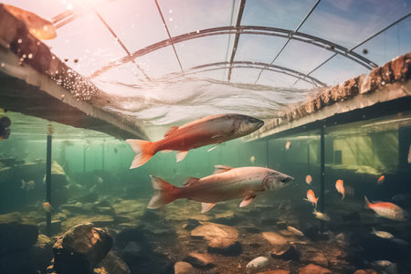 Trout in the pool at the fish farm, illustration. AI generated image. Fish, fishing, animal, aquaculture, pisciculture and mariculture, imageの素材