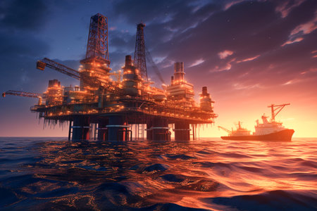 Oil and Gas platform in the middle of the sea at sunset. Offshore jack up rig on the ocean in twilight. Offshore drilling for gas and petroleum at sunset time. AI-Generated imageの素材