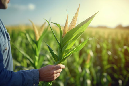 Agronomist farmer stands in a green field and examines immature green corn plants. Farmer stands in the middle of a corn field and inspects the crop. AI-Generated imageの素材