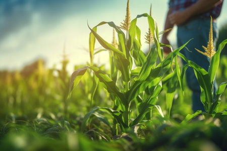 Agronomist farmer stands in a green field and examines immature green corn plants. Farmer stands in the middle of a corn field and inspects the crop. AI-Generated imageの素材