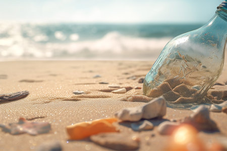 Collecting waste of crumpled plastic bottles on the beach to save the ocean. A volunteer collects hard-to-decompose garbage on the beach. AI-Generated imageの素材