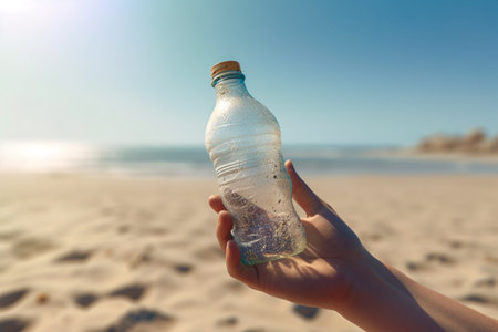 Collecting waste of crumpled plastic bottles on the beach to save the ocean. A volunteer collects hard-to-decompose garbage on the beach. AI-Generated imageの素材