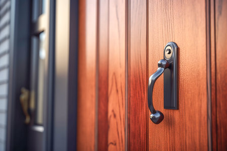 Close-up of a vintage wooden front door with siding on the facade. Building facade with wooden doorway entrance and vintage handle. AI-Generated imageの素材