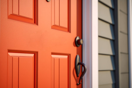 Close-up of a vintage wooden front door with siding on the facade. Building facade with wooden doorway entrance and vintage handle. AI-Generated imageの素材