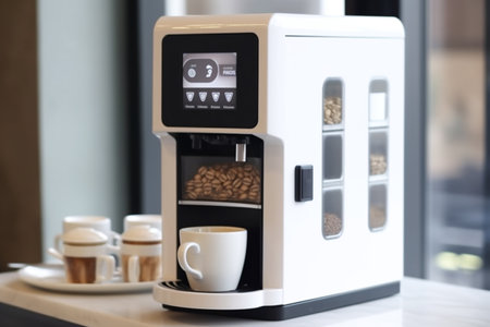 Coffee cup in vending coffee machine, illustration. AI generated image. Coffee shop, beverage, drink, drinking, food and meal, imageの素材
