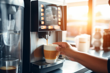 Hand taking coffee cup in vending coffee machine, illustration. AI generated image. Coffee shop, beverage, drink, drinking, food and meal, imageの素材