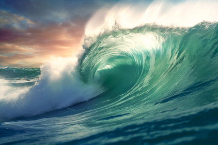 Large tube wave in the ocean at sunset or dawn. Waves middle of the ocean crashing in a cross current. Blue ocean surfing wave. AI-Generated imageの素材