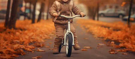 Child rides a bike in a city park in the forest. A small child is learning to ride a bike on an asphalt road in the autumn forest. AI-Generated imageの素材