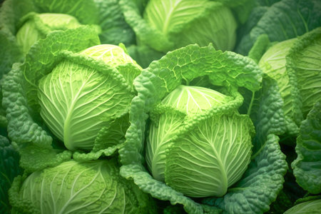 Growing organic vegetables and eco-friendly products. Rows of cabbage plantation grow in a field under the rays of the sun. AI-Generated imageの素材