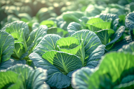 Growing organic vegetables and eco-friendly products. Rows of cabbage plantation grow in a field under the rays of the sun. AI-Generated imageの素材