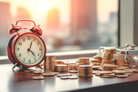 Alarm clock and stacked coins on wooden desk on the background of business buildings. Concept of opportunity cost time, business planning and finance. AI-Generated imageの素材