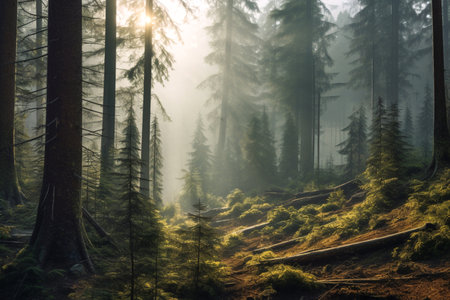 Forest landscape with fir and pine trees, illustration. AI generated image. Nature, wood, forestry, forest land, reserve and national park, imageの素材